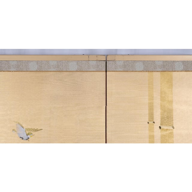 Gold 1950s Japanese Byobu "Bird in a Bamboo Forest" Hand Painted and Hand Signed 4-Panel Silk Folding Screen Excellent Front and Very Good + Back Panels For Sale - Image 8 of 11