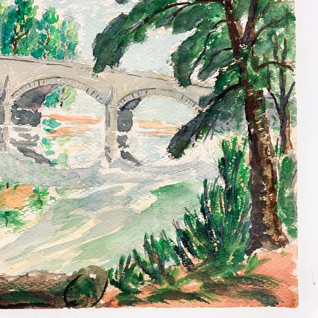 Paint Mid 20th Century Vintage Signed Original Watercolor Fly Fishing Lake Trees Landscape Bridge Art For Sale - Image 7 of 10