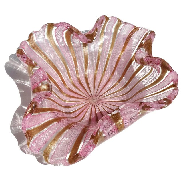 Beautiful and large, vintage Murano hand blown pink Zanfirico ribbons and copper aventurine bands Italian art glass...