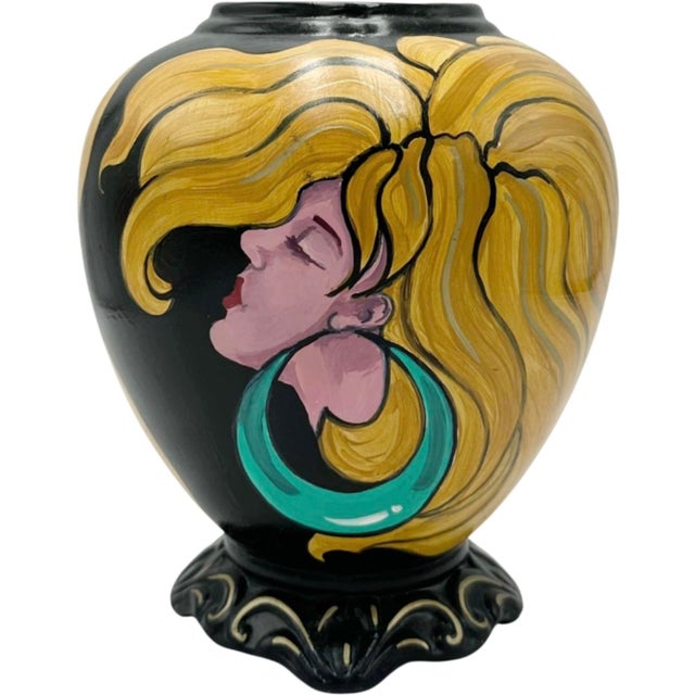 Deco Fine Art Hand Painted Ceramic Vase Blonde Woman Portrait Art Pottery 2014 For Sale - Image 10 of 10