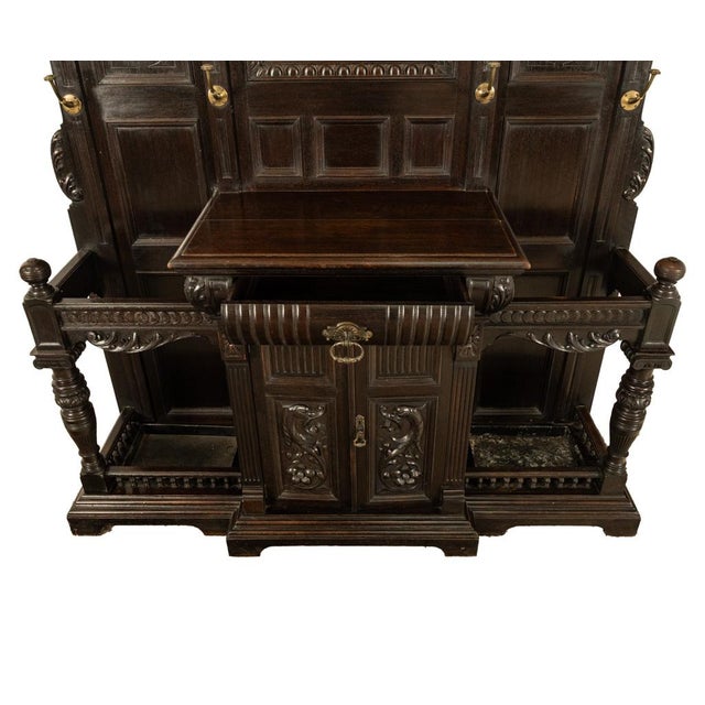 Antique Monumental Renaissance Revival Carved Oak Hall Tree Stand Mirror 1890 For Sale - Image 12 of 14