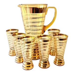 Vintage Large Gold Banded Drinks Pitcher and Glasses, Set of Seven