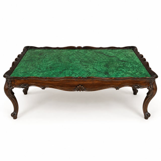 Wood 1960s Hollywood Regency Italian Rococo Style Faux Malachite Coffee Table For Sale - Image 7 of 8