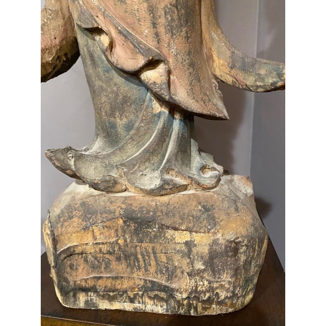 Hand‑Carved Wooden Guanyin / Bodhisattva Statue – 28” Vintage Asian Figure For Sale - Image 9 of 12