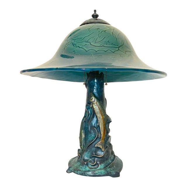 1990s Original K Dahl Glass Studios Bronze Hand Blown Glass Trout Fish Nautical Lamp For Sale
