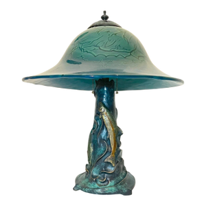 1990s Original K Dahl Glass Studios Bronze Hand Blown Glass Trout Fish Nautical Lamp