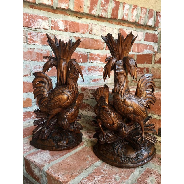 Pair 19th Century Antique Black Forest Bird Chicken Epergne Vases Carved Wood Candlestick For Sale In Dallas - Image 6 of 13