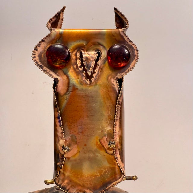 Brutalist 1970s Brutalist Copper Metal Owl Sculpture Perched on Driftwood With Leaves For Sale - Image 3 of 11