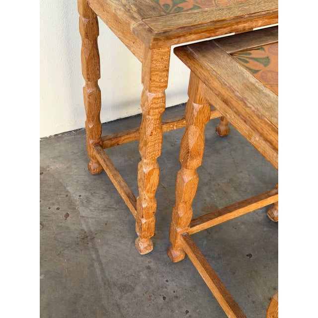 Brown Vintage Danish Oak Nesting Tables With Decorative Tile Inlays For Sale - Image 8 of 9