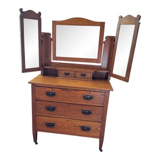 Vintage Oak Dresser With Mirrors For Sale