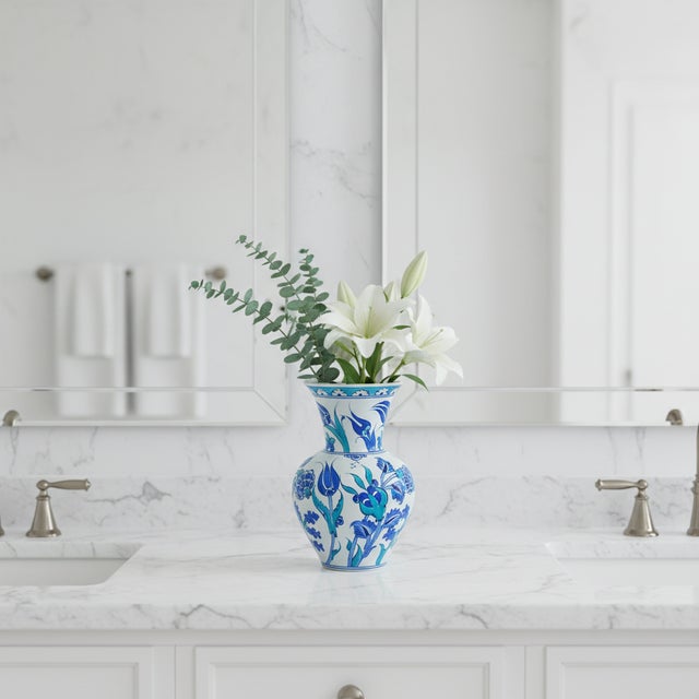Handmade Ceramic Vase (20cm) – Blue & Turquoise Tulips – Cool Ocean Palette For Sale - Image 6 of 10