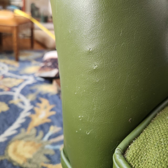 Mid 20th Century MCM Library Chair Moss Green Leather Blend/Woven Fabric With Button Tuft & Nailtacks, Swirled Arms, Dark Wood, Executives For Sale - Image 13 of 13