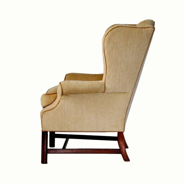 Vintag, three quarter size armchair. Custom upholstered with soft herringbone velour fabric and contrasting piping.