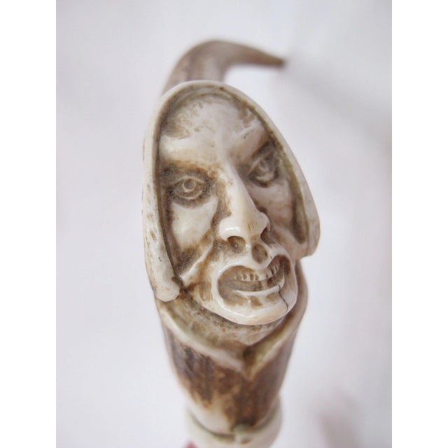 Carved Deer Antler Grim Reaper Face Hidden Blade Folk Art Walking Stick Cane For Sale - Image 4 of 12