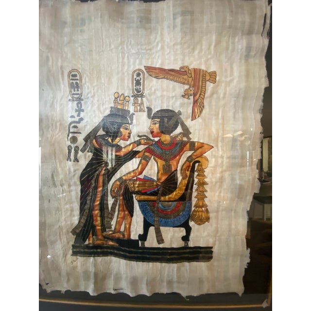Traditional Vintage Hand-Painted Egyptian Couple Painting on Papyrus - Signed & Framed For Sale - Image 3 of 9