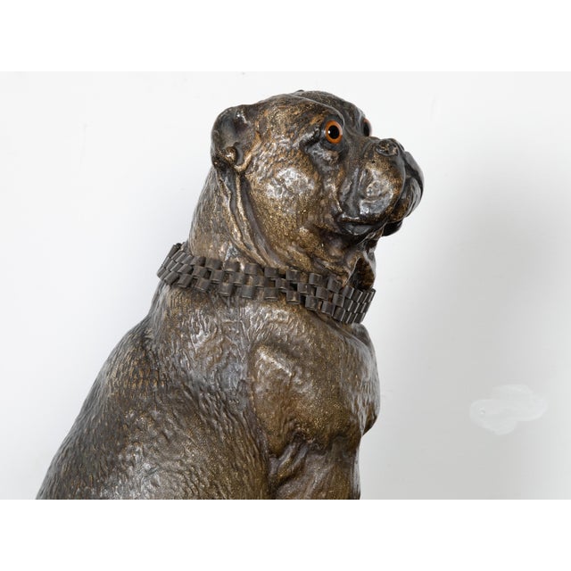 19th Century English 19th Century Terracotta Bulldog Statue with Silver Collar and Glass Eyes For Sale - Image 5 of 11