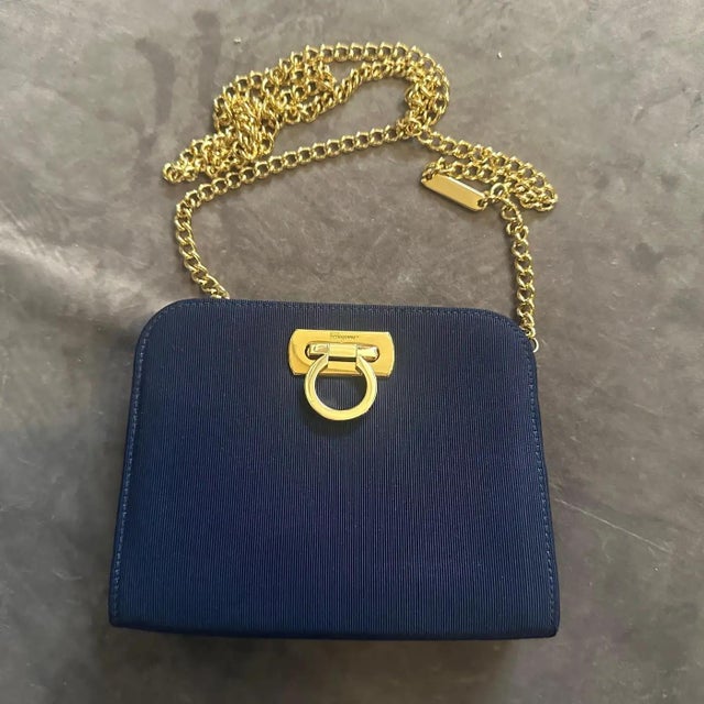 Blue 1990s Elegant Blue Fabric and Brass Belt Hand Bag by Salvatore Ferragamo For Sale - Image 8 of 11