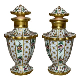Pair 2 Antique Handmade Painted Meissen Porcelain Scent Perfume Bottles Jars For Sale