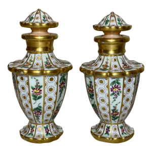 Pair 2 Antique Handmade Painted Meissen Porcelain Scent Perfume Bottles Jars