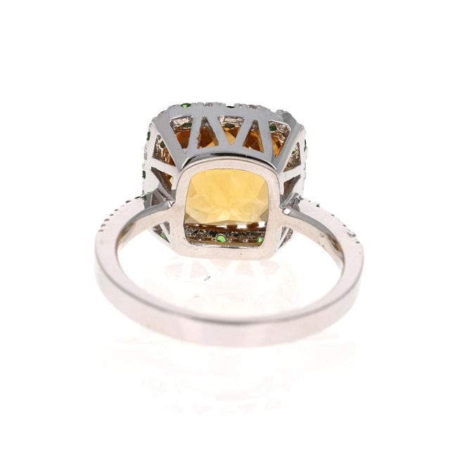 4.82 Carat Cushion Cut Citrine Quartz Tsavorite Diamond 14 Karat White Gold Ring Size 7 For Sale - Image 4 of 8