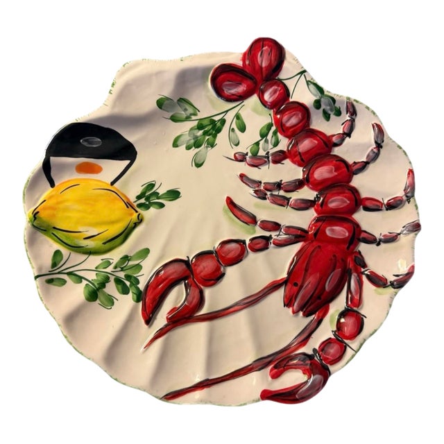 Late 20th Century Hand-Painted Raised Lobster & Lemon Ceramic Platter For Sale