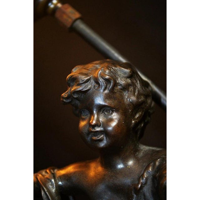 Art Deco Bronze Figural Lamp with Marbled Saturn Glass Shade, 1920 For Sale - Image 3 of 14