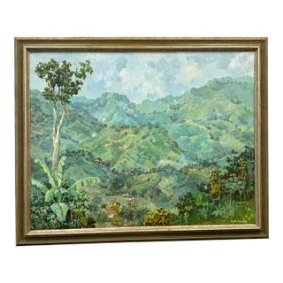 Vintage Eric Smith (Jamaican Artist) Oil Landscape of Caribbean Mountain Scene For Sale