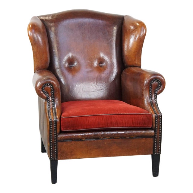 Vintage Leather Wing Chair with Red Corduroy Seat Cushion For Sale
