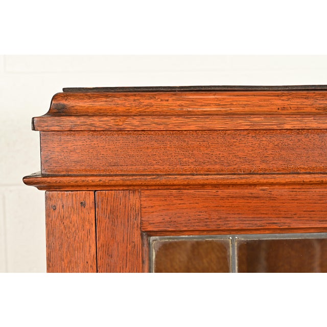 Wood Stickley Brothers Style Antique Arts & Crafts Carved Oak Bookcase Cabinet With Leaded Glass Doors, Circa 1900 For Sale - Image 7 of 14