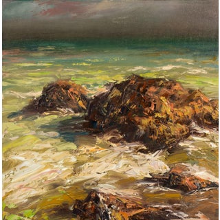 Sesimbra by Sparky LeBold | Oil on canvas Seascape with rocky shoreline and turbulent water For Sale