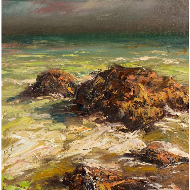 Sesimbra by Sparky LeBold | Oil on canvas Seascape with rocky shoreline and turbulent water For Sale