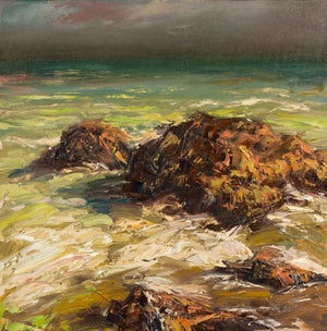 Sesimbra by Sparky LeBold | Oil on canvas Seascape with rocky shoreline and turbulent water