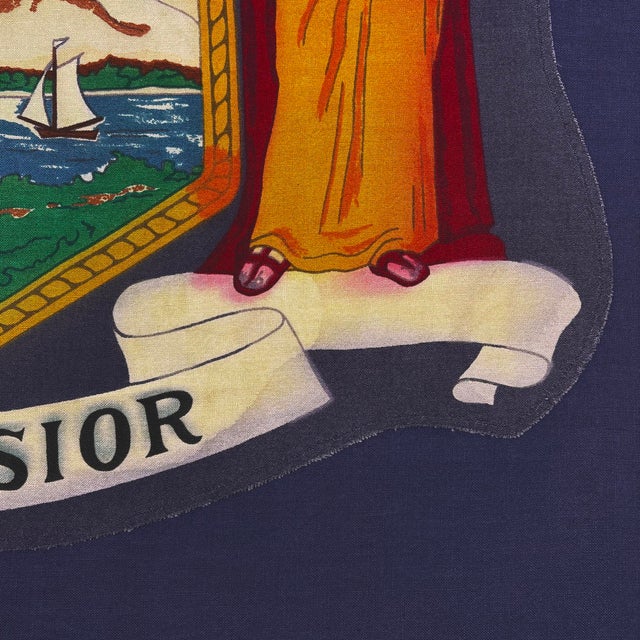 This vintage New York flag is made from cotton cloth in an uncommon square shape, with printed emblem slightly askew and...