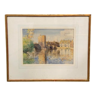 English St. Ives Bridge Original Watercolor Painting, Framed For Sale