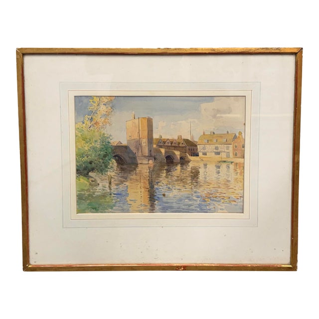 English St. Ives Bridge Original Watercolor Painting, Framed For Sale