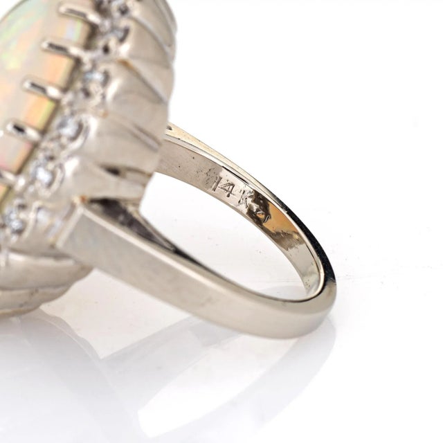 Metal Vintage 14.50ct Natural Opal Diamond Ring 14k White Gold Large Oval Cocktail 5 size 5 For Sale - Image 7 of 7