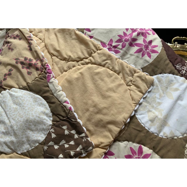 Hippie-Chic Japanese Cotton Medallion Quilt — Chocolate Brown & Pink Floral Circles, Hand Quilted, 66x88P For Sale - Image 11 of 18