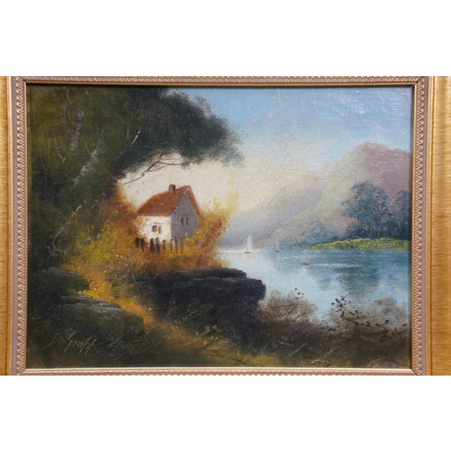 Early 20th Century Antique Stanley DeGraff Cottage Lake House Sailboat Landscape Oil Painting 16" For Sale - Image 5 of 14