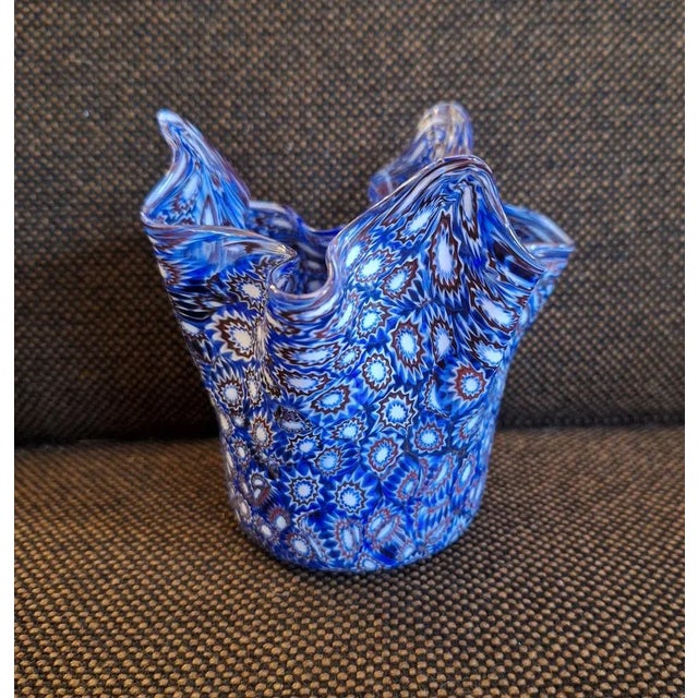 Vintage Italian Fazzoletto Vase in Blue Murano Glass with Individual Murrines, 1970s For Sale - Image 6 of 6