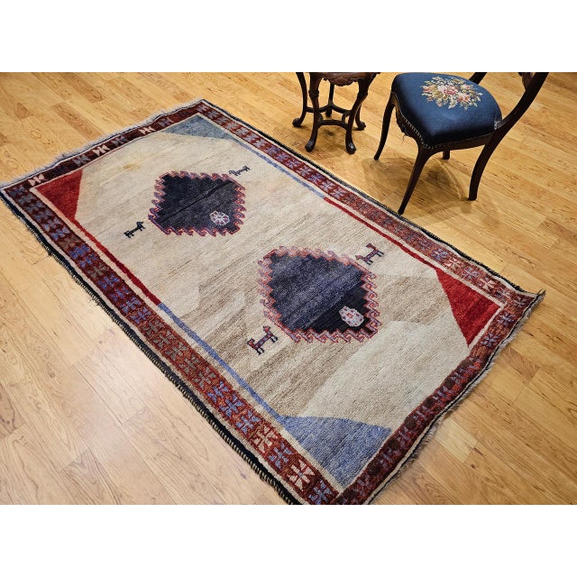 Persian Vintage Persian Gabbeh Tribal Rug, Hand-Knotted Wool, Minimalist Diamond Design, Ivory & Gray, 4x7 For Sale - Image 3 of 15