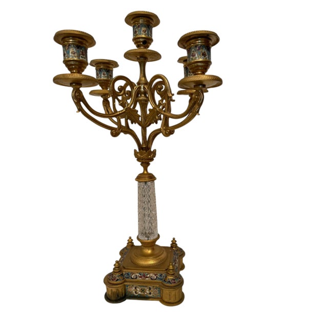 19th Century Bronze, Champleve Enamel, & Cut Crystal Candelabras. The candelabras are made of gilt bronze and marble. The...