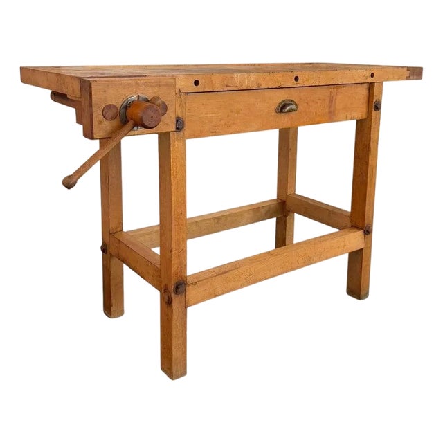 1940s Industrial Maple Carpenter's Workbench Table With Vice For Sale