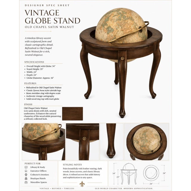A beautifully scaled vintage floor globe elevated on a sculptural Queen Anne-style stand, newly refinished in our...