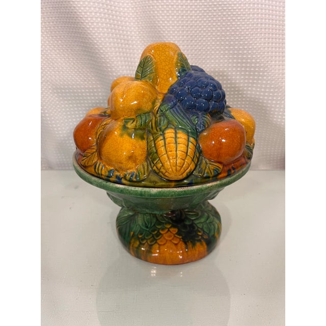 Ceramic Vintage Majolica Style Fruit Stacked Lidded Bowl / Catchall For Sale - Image 7 of 11