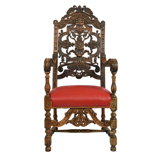 Early 20th Century Antique Pair of Carved Walnut Jacobean Revival Throne Chairs With Red Leather Seats For Sale - Image 5 of 16