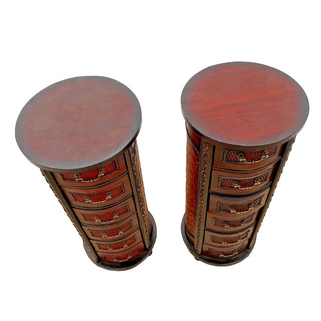French Country 1980s Vintage Pair Round Nightstands Chest of Drawers Carved Six Felt Lined Drawers For Sale - Image 3 of 11