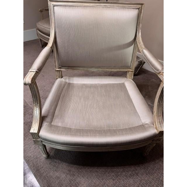 Pair of Louis XVI Style Hand-Painted Armchairs in Silk Upholstery For Sale In Seattle - Image 6 of 6