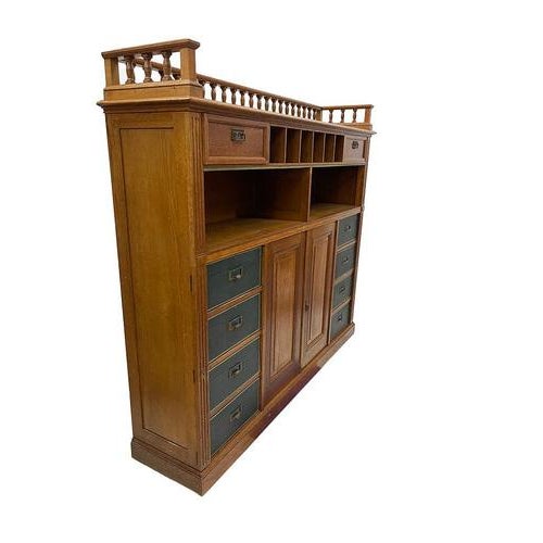 Dutch Oak notary cabinet, 1900-1920 Antique large notary cabinet or Cartonnière with 8 archive boxes, covered with green...