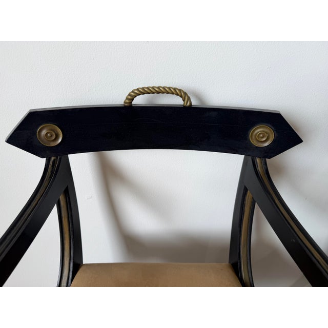 Black Pair of John Gee Style Hollywood Regency Ebonized Armchairs With Brass Accents For Sale - Image 8 of 12