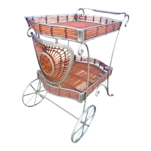 Vintage Maitland Smith Rattan Bamboo Iron Medallion Front Bar Cart